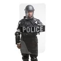 Police officer in riot gear holding a shield, exemplifying protective gear for law enforcement and crowd control.